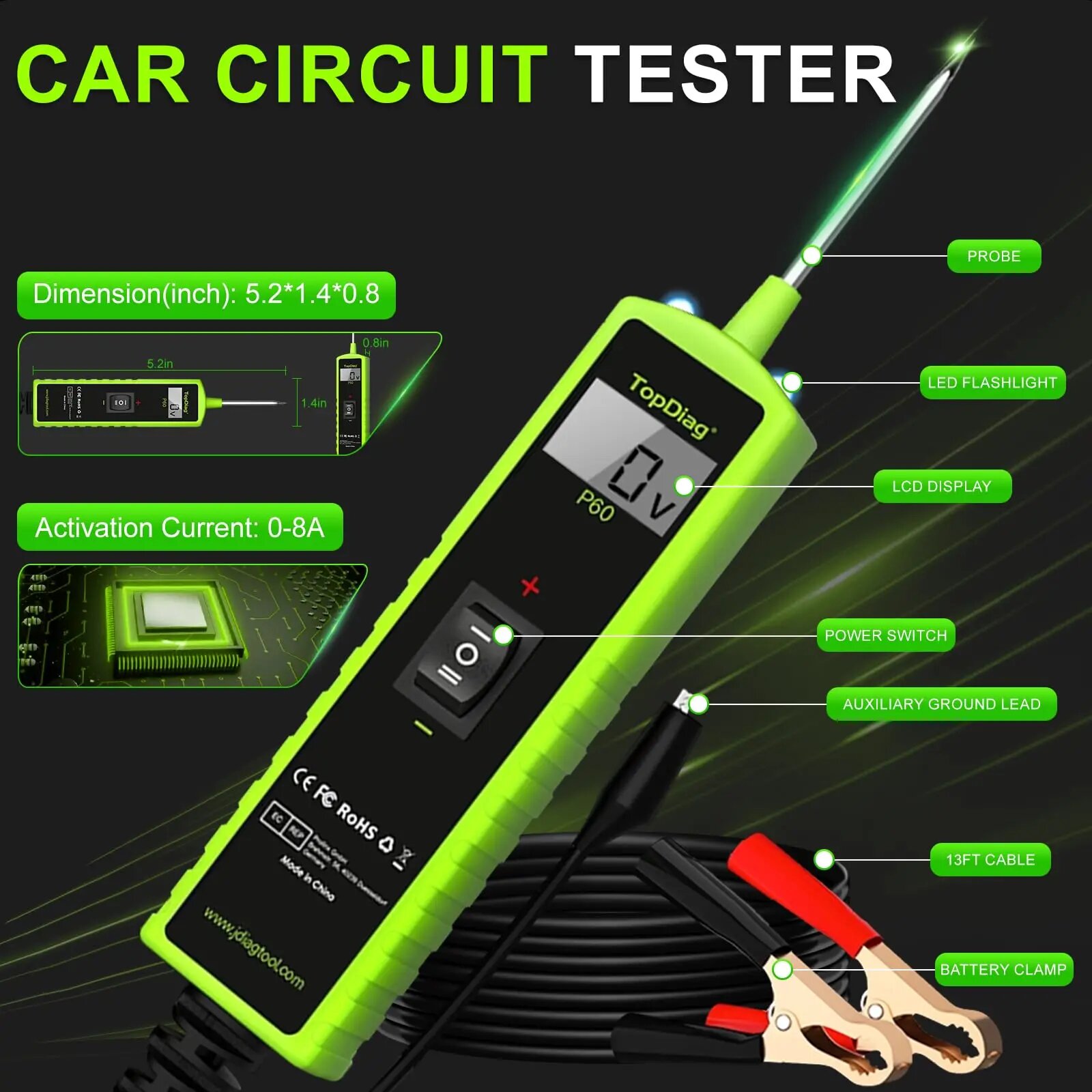 Power Tools In Automotive - Jdiag P60自動車電源回路プローブテスターTopdiag車両電気システムテスター自動診断ツール12V 24Vバッテリーテスター